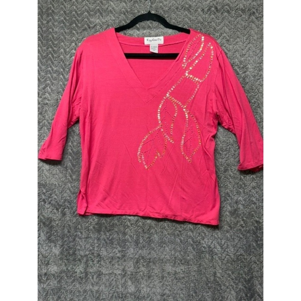 Key Lime Pie Pink Sequin Leaf V-Neck Top 3/4 Sleeve XL 0695